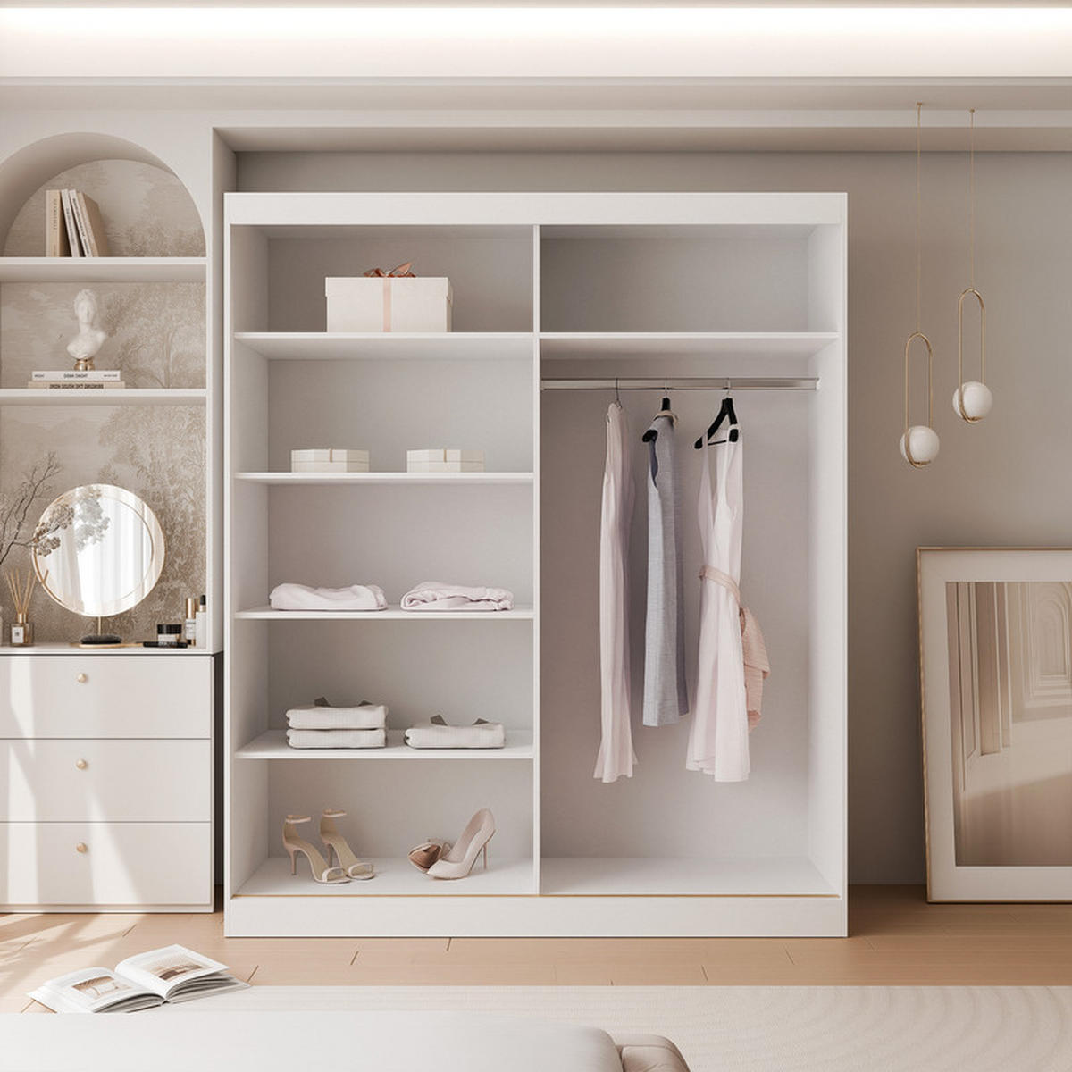 SCHWEBETÜRENSCHRANK CLARITY 2-türig 200/65/215 cm Weiß / goldene Griffe - Goldfarben/Weiß, Holzwerkstoff/Kunststoff (200/215/65cm) - Idohome