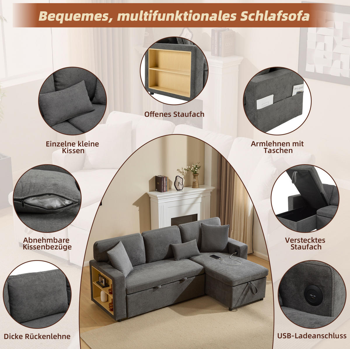 ECKECKSCHLAFSOFA Oxford-Stoff mit USB-Anschluss und Stauraum Dunkelgrau 214/131/87 cm - Dunkelgrau, Textil (87/131cm) - Redom