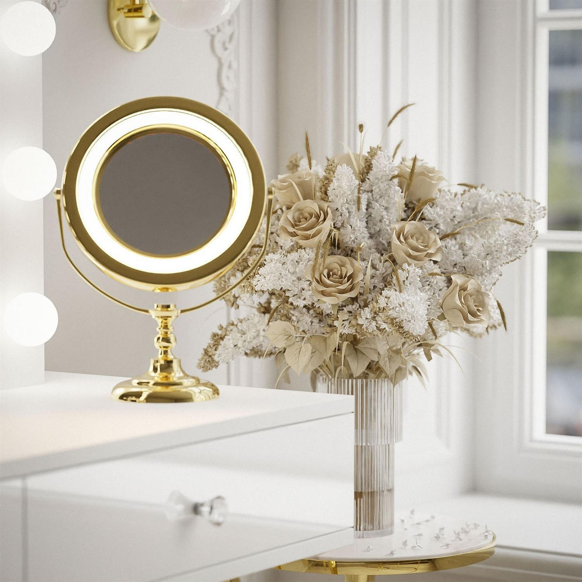 Schminktisch SIENNA GOLD mit Schubladen auf goldenen Beinen - Weiß Hochglanz/Goldfarben, Holzwerkstoff (100/81/42cm)