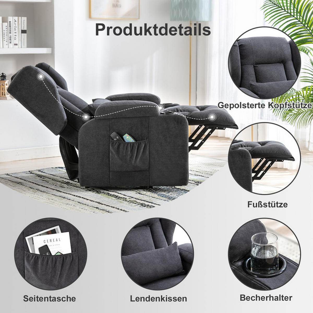 FERNSEHSESSEL mit Aufstehhilfe – elektrisch, Relaxsessel mit Massagefunktion, verstellbare Rückenlehne, Stoff - Grau, Textil (75/100/83cm) - Kaket