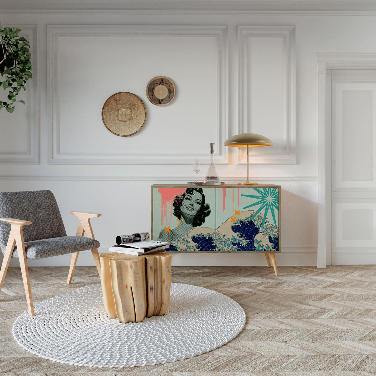 SIDEBOARD KANAGAWA BEAUTY, Graue Oberfläche, 111x42x57,5 cm, 2 Türen - Grau, Holzwerkstoff (111/57.5/42cm) - SpaceRebels