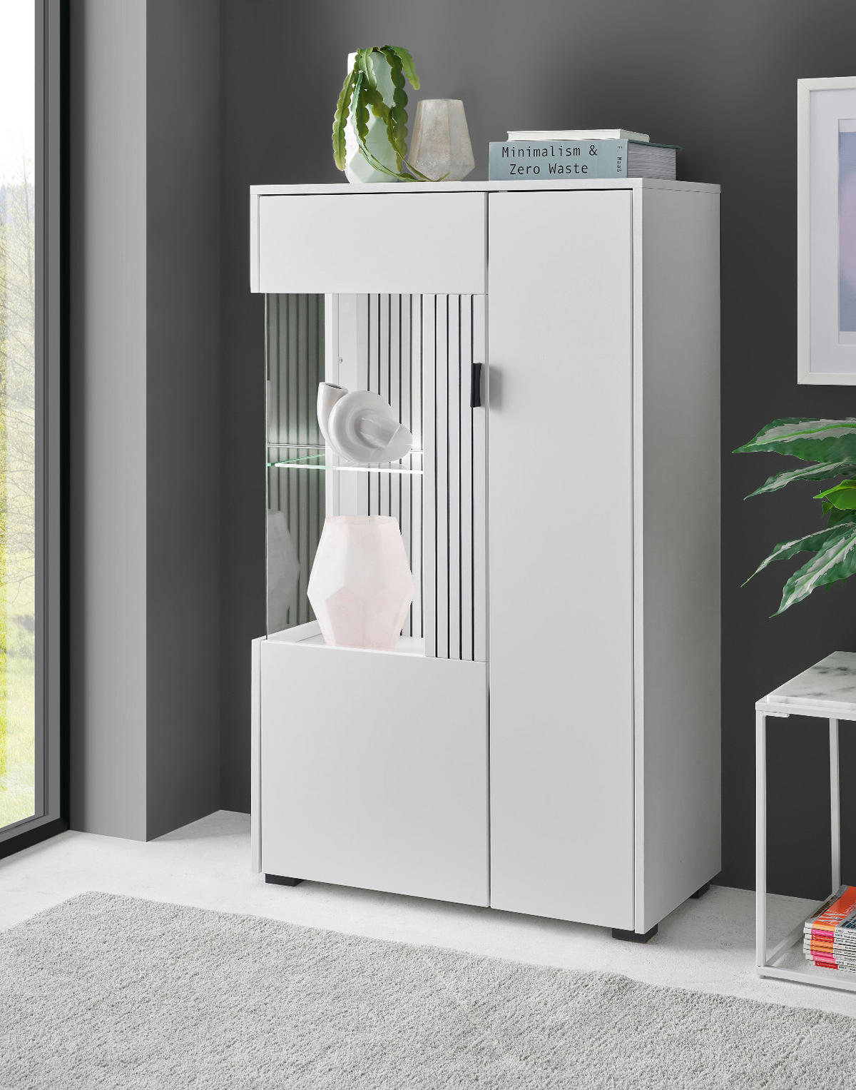 VITRINE weiß matt, Highboard 75 x 125 cm mit Soft-Close - Schwarz/Weiß, Glas/Holzwerkstoff (75/125/38cm) - Furn.Design