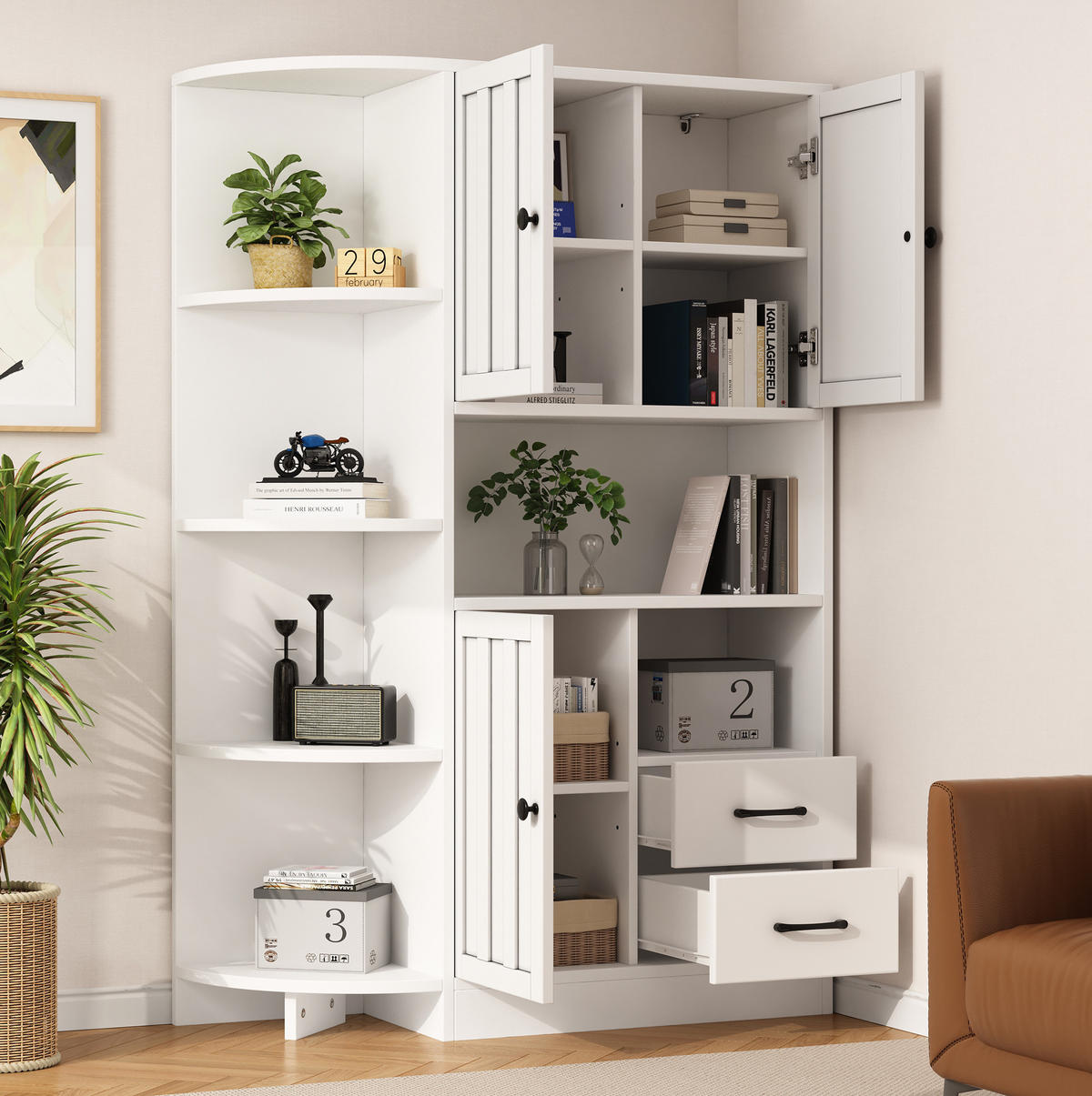 ECKSCHRANK mit 3 Türen und 2 Schubladen 104 x 35 x 155 cm Weiß - Weiß, Holzwerkstoff (35/155/104cm) - Beauniv