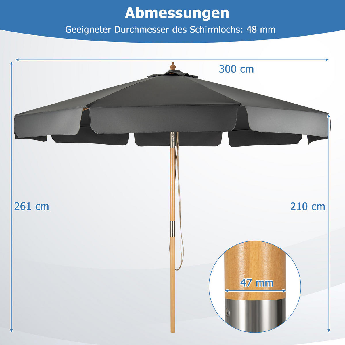 SLNEČNÍK 300 cm čierny - čierna, drevo (300/300cm) - COSTWAY