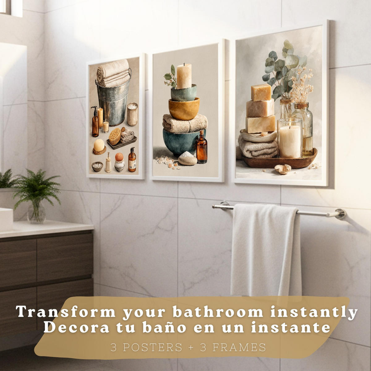 POSTER Set aus 3 Badezimmer Wandbildern und Drucke zur Dekoration für Waschbecken Dusche WC und Bad mit Kerzen Seifen und Handtüchern Weißer Rahmen A3 - Weiß, Papier (42/29.7/3cm) - Nacnic