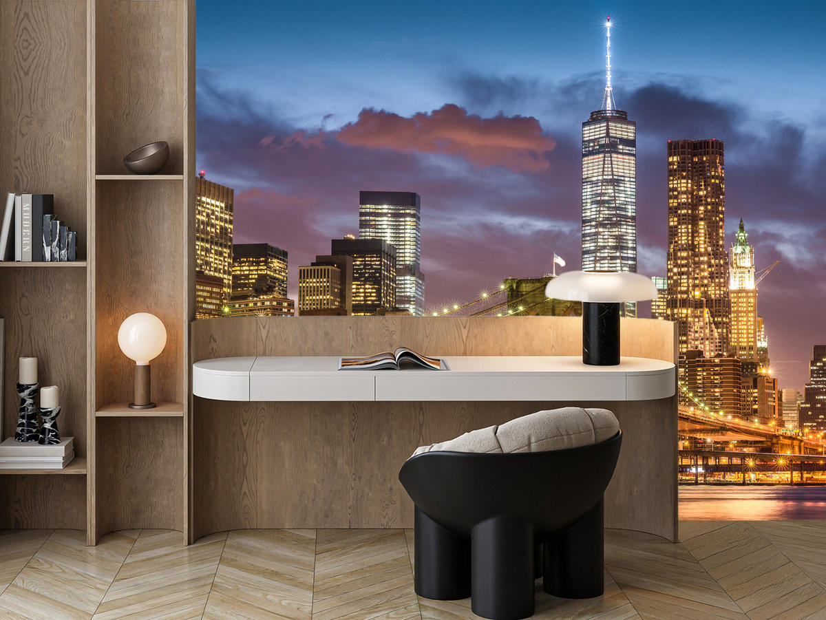 FOTOTAPETE für Wohnzimmer New York Nacht Brooklyn Bridge Wolkenkratzer 300x210 - Blau/Gelb, Papier (300/210cm) - Muralo
