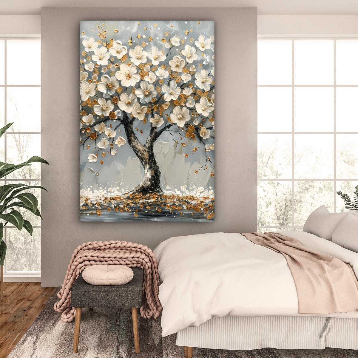 LEINWANDBILD Baum - Blumen - Weiß - Natur - Kunst Deko Groß 90x140 cm - Weiß, Textil (90/140cm) - MuchoWow