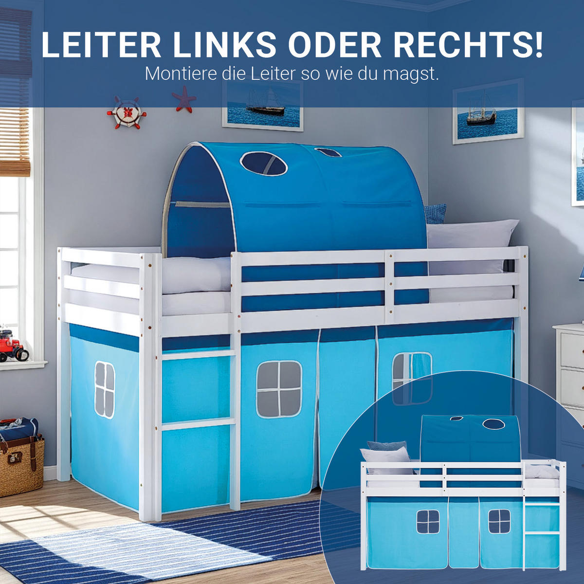 HOCHBETT 90/200 cm in weiß mit Lattenrost + Tunnel blau - Blau/Weiß, Holz/Textil (90/200cm) - Homestyle4u