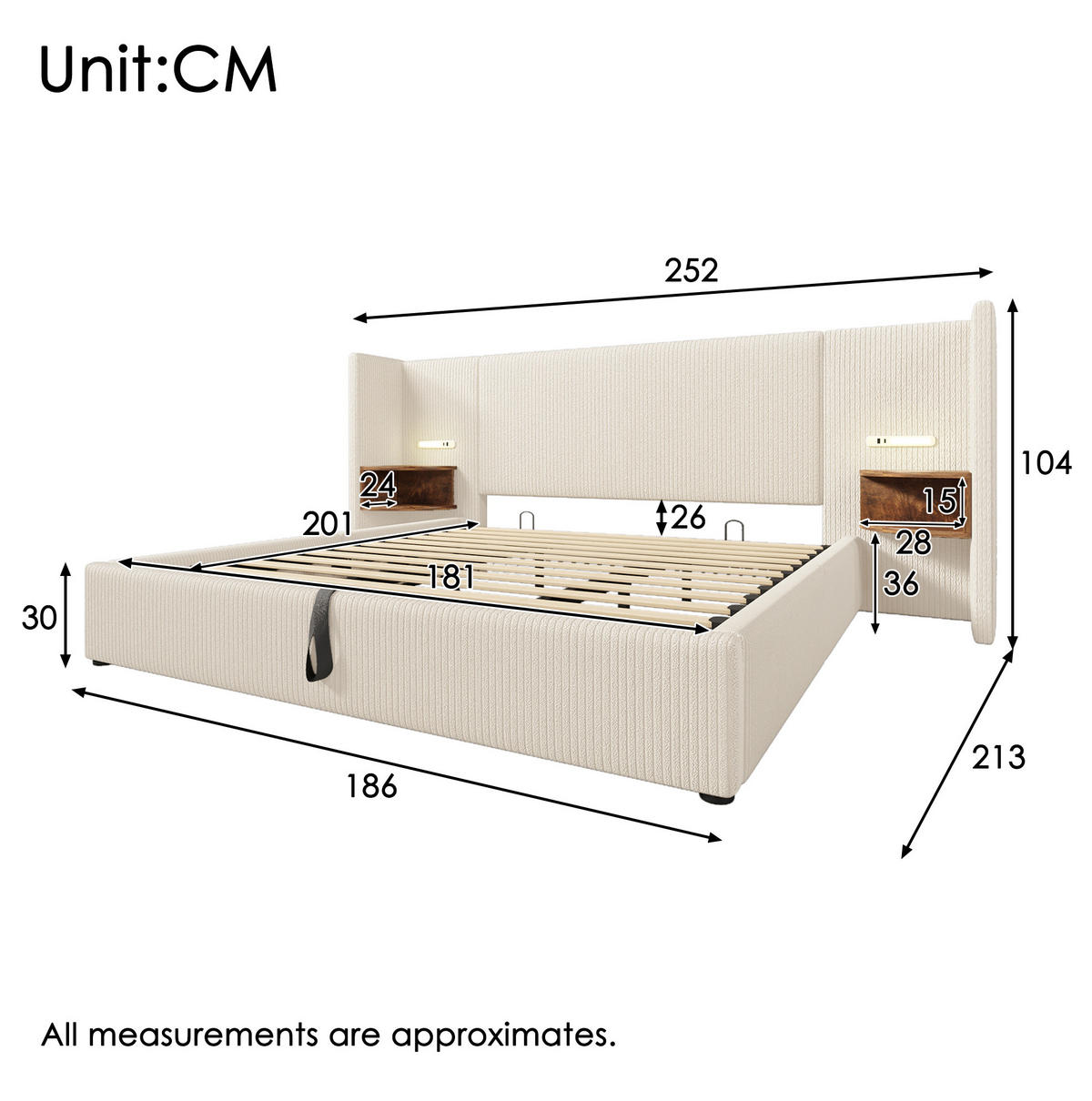 POLSTERBETT mit Bettkasten 180/200 cm mit Leselampe und USB-Anschlüssen - Beige, Textil (180/200cm) - BEAOK