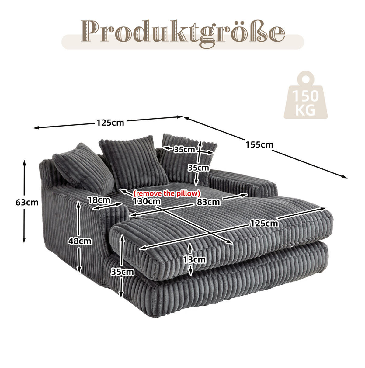 BIGSOFA Chaiselongue Cord mit 3 Kissen 125/155/63 cm Dunkelgrau - Dunkelgrau, Textil (63/125/155cm) - Redom