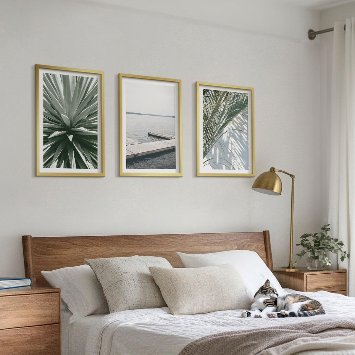 WANDBILDER 3er Set - 40x60 cm Goldrahmen - Palmenblätter-Holzbrücke - Goldfarben, Kunststoff (40/60cm) - ArtPrintCave