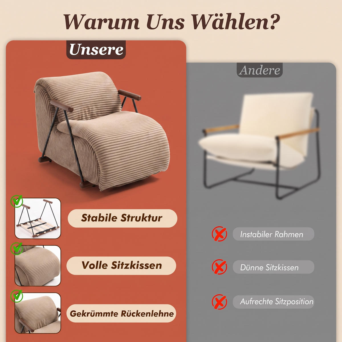 XXL-SESSEL mit Armlehnen, Cord Loungesessel, Ergonomisch, Hellbraun - Hellbraun, Textil/Metall (71/75/100cm) - LVHOM