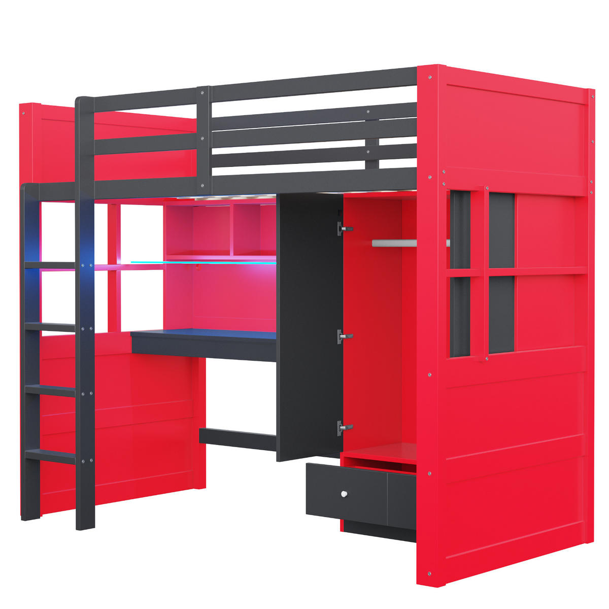 HOCHBETT Schwarz-Rot aus Holz 90×200cm im Gaming-Stil mit Stauraumleiter, Tisch, Kleiderschrank und LED-Beleuchtung - Rot, Holz (90/200cm) - Luhomfu