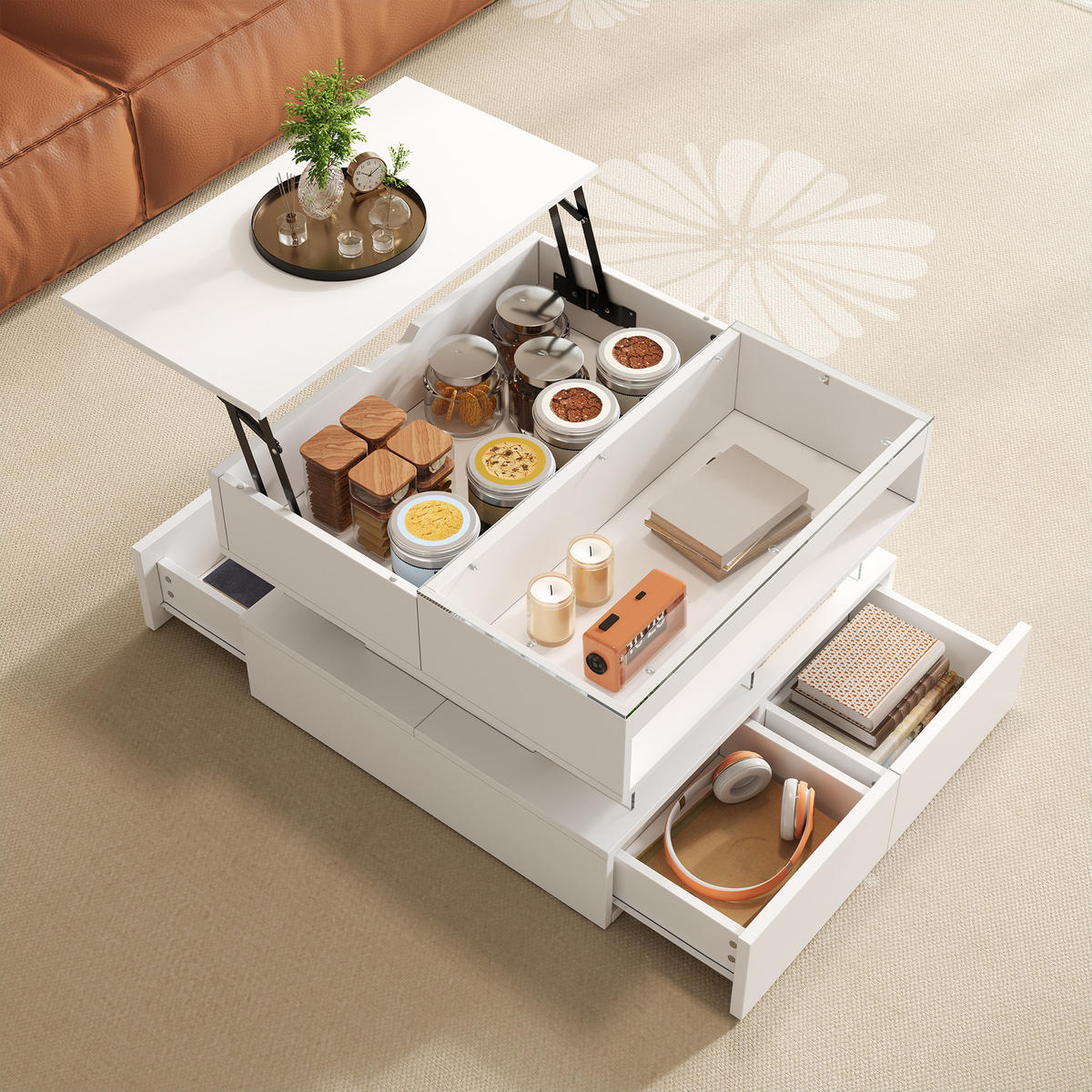 COUCHTISCH Höhenverstellbar 16 Farben Glas Acryl - Weiß, Holzwerkstoff (70/67/57cm) - FLIEKS