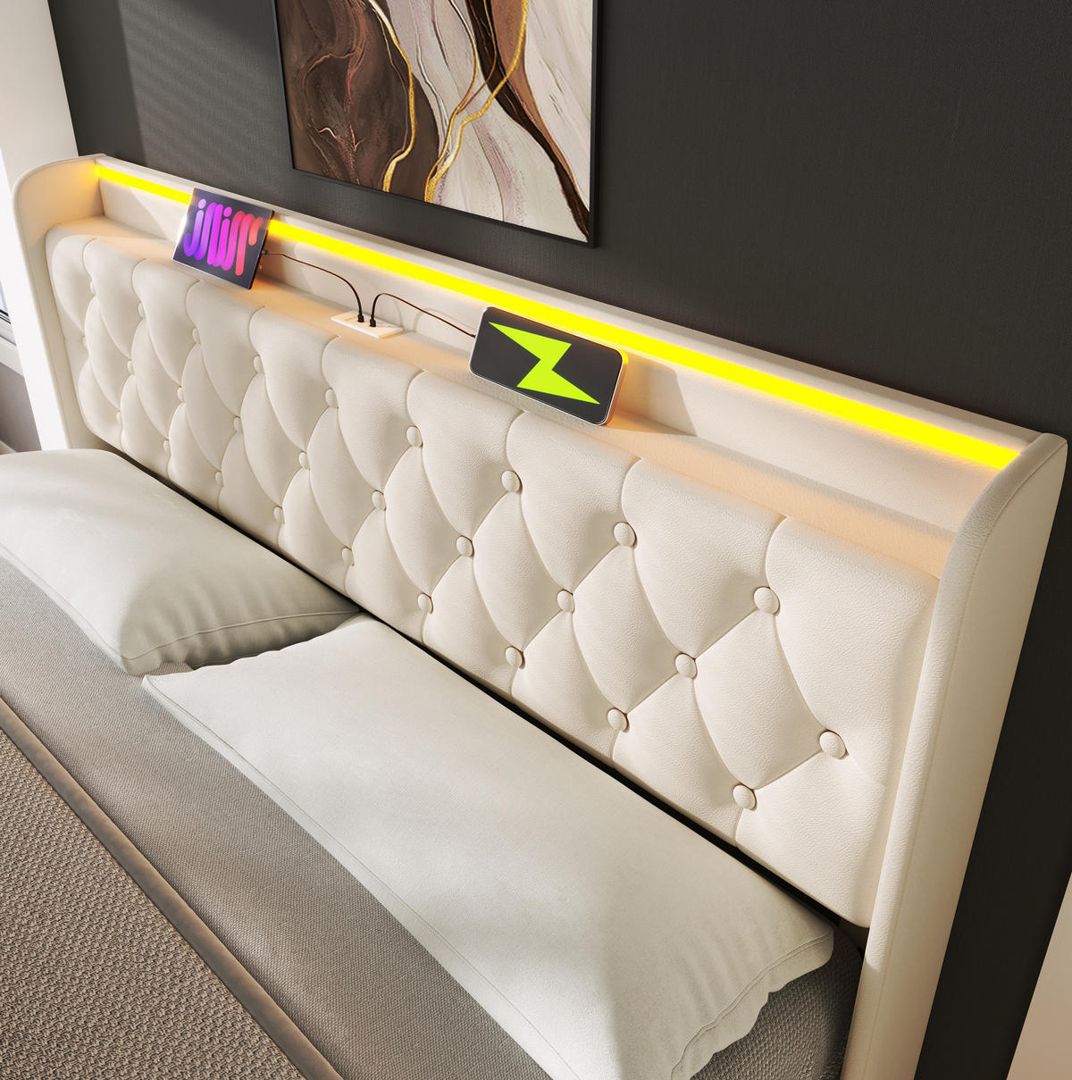 POLSTERBETT 160/200 cm Weiß aus PU mit LED und Stauraum - Weiß, Kunststoff (160/200cm) - OKMYHOME