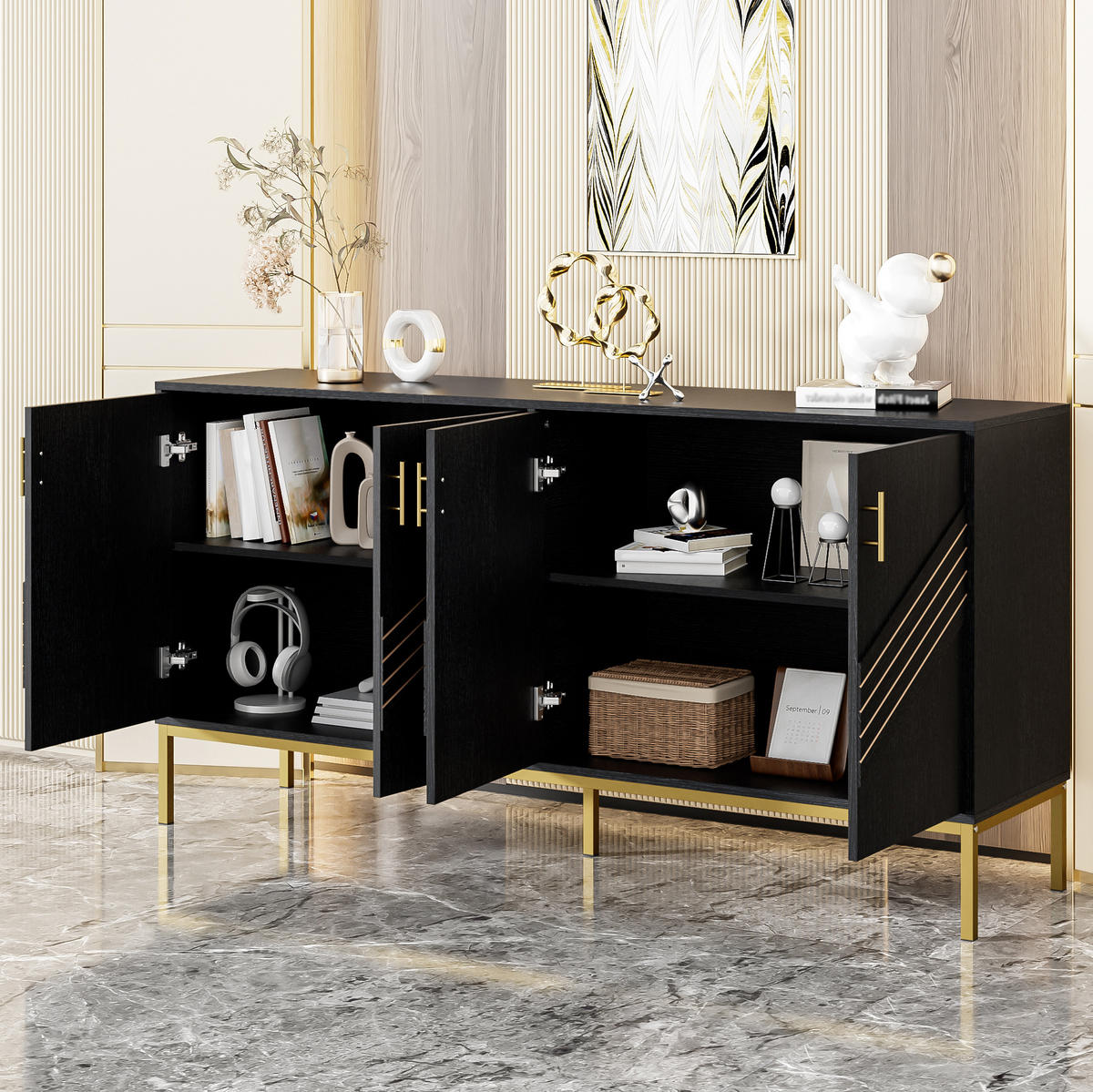 SIDEBOARD aus MDF 160x40x80,5 cm Schwarz mit Holzmaserung, 4 Türen und verstellbaren Einlegeböden - Schwarz, Holzwerkstoff (160/80.5/40cm) - IVMEU