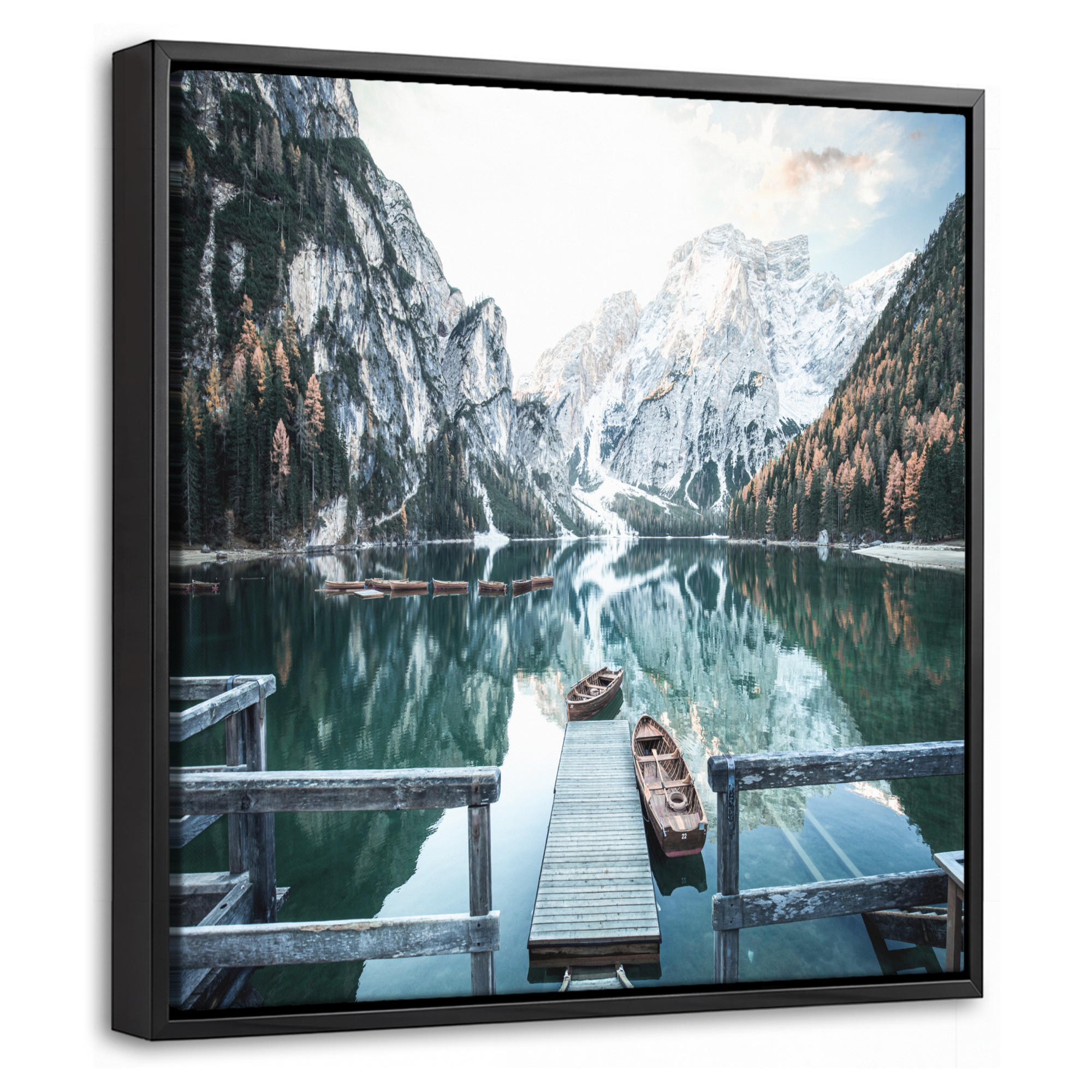 LEINWAND Bilder mit Rahmen - Natur - Berge - Schnee - Wald - Boot - 20x20 - Hellgrün, Textil (20/20cm) - MuchoWow