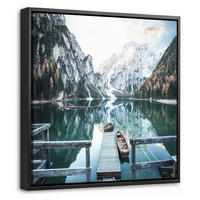 LEINWAND Bilder mit Rahmen - Natur - Berge - Schnee - Wald - Boot - 20x20 - Hellgrün, Textil (20/20cm) - MuchoWow