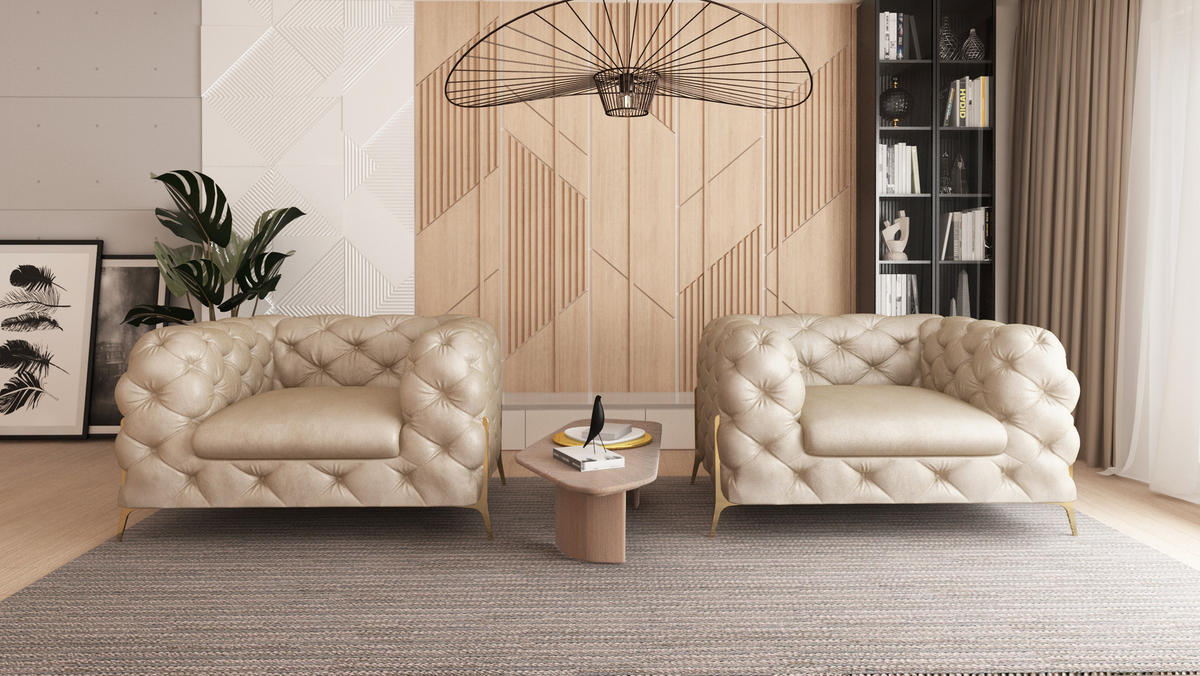CHESTERFIELD-SESSEL Vertex Beige Samt - Beige/Goldfarben, Holz/Textil (125/75/100cm) - S-Style Möbel