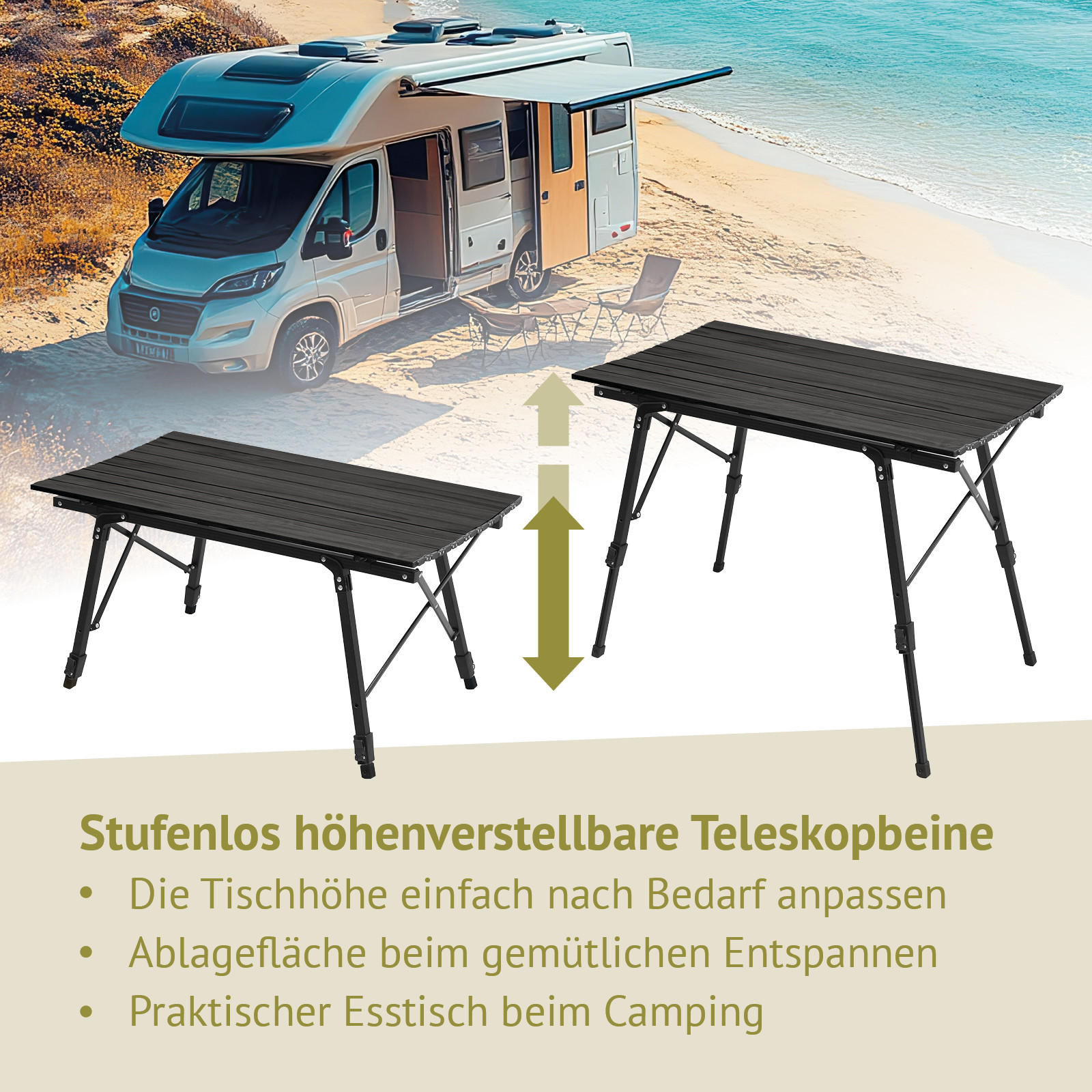 CAMPINGTISCH Höhenverstellbar Schwarz - Schwarz, Metall (51.5/90/68cm) - JAWINIO