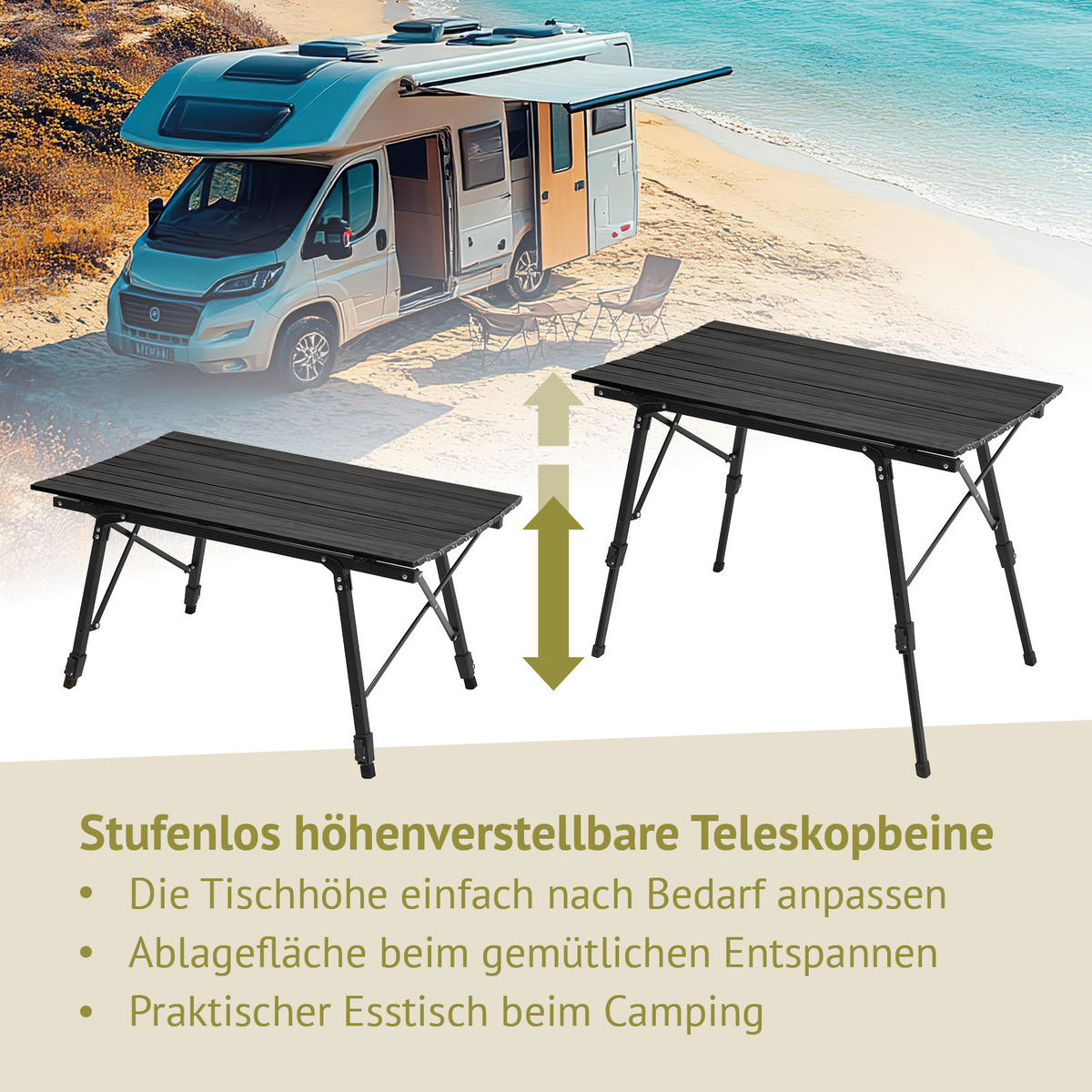 CAMPINGTISCH Höhenverstellbar Schwarz - Schwarz, Metall (51.5/90/68cm) - JAWINIO