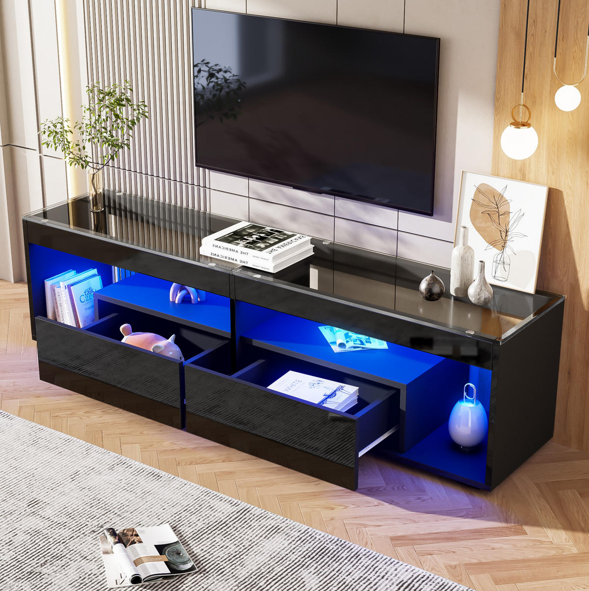 TV-ELEMENT mit LED 180 x 40 x 46 cm Schwarz Hochglanz 2 Schubladen - Schwarz, Holzwerkstoff (40/46/180cm) - Beauniv