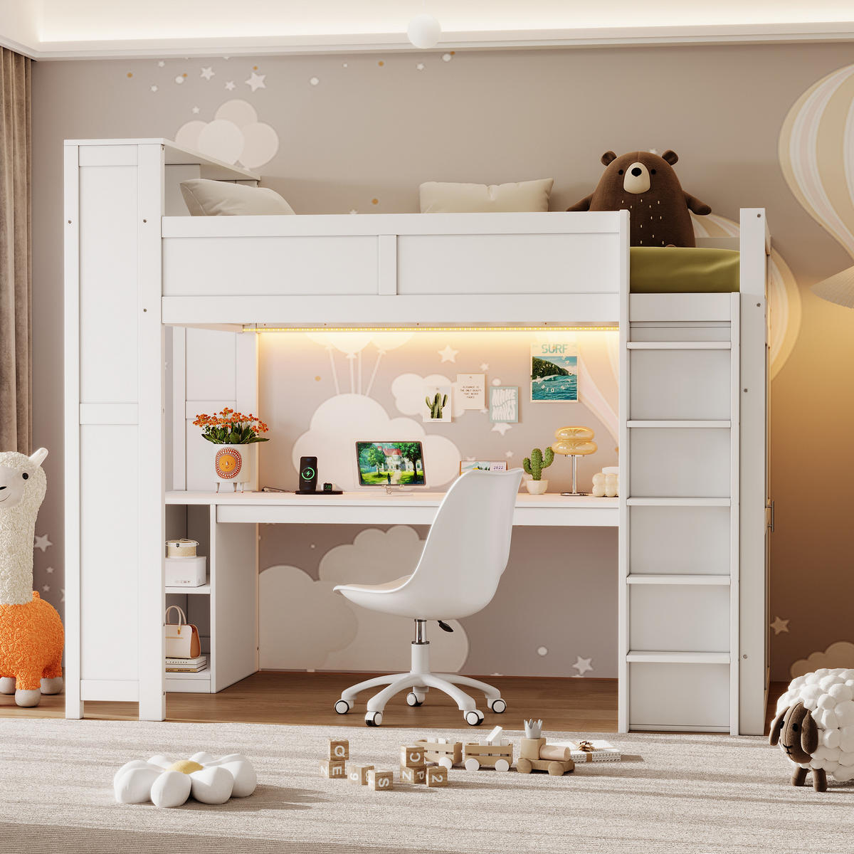 HOCHBETT 90 x 200 cm mit Schreibtisch, Staufächern, Kleiderschrank, USB-Anschluss und LED-Beleuchtung, weiß - Weiß, Holz (90/200cm) - KOMHTOM