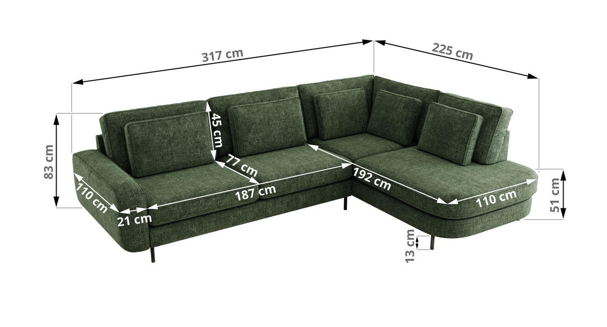 ROHOVÁ SEDAČKA CALENO L - Tmavě zelená hladký senil - Levá Strana - černá/tmavě zelená, kov/textil (317/225cm) - MKS