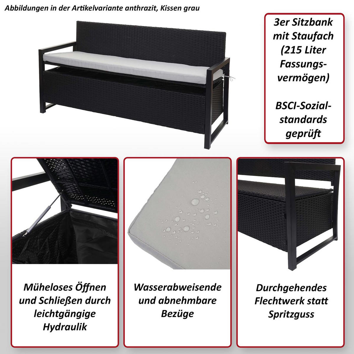 POLY-RATTAN 3ER SITZBANK Anthrazit, Schwarz - Anthrazit/Schwarz, Kunststoff (164/87/57cm) - MCW
