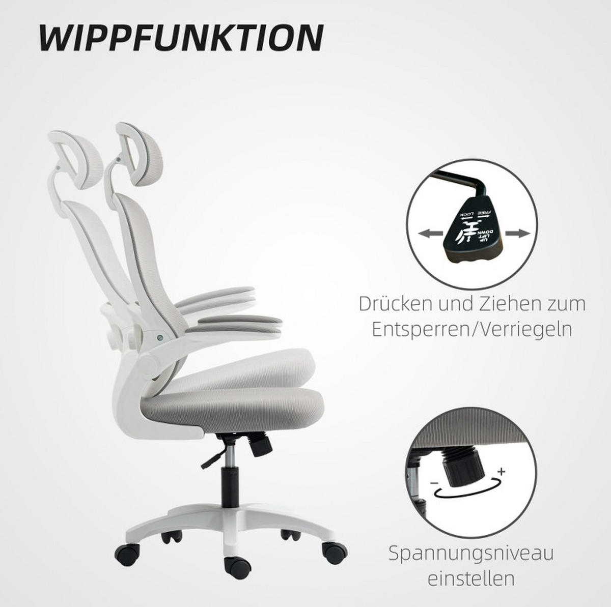 DREHSTUHL ergonomisch, höhenverstellbar mit Netzrücken und drehbarem Kopfteil, belastbar bis 120 kg, 64/62/115 cm, Grau - Grau, Kunststoff (62/115/64cm) - Redom
