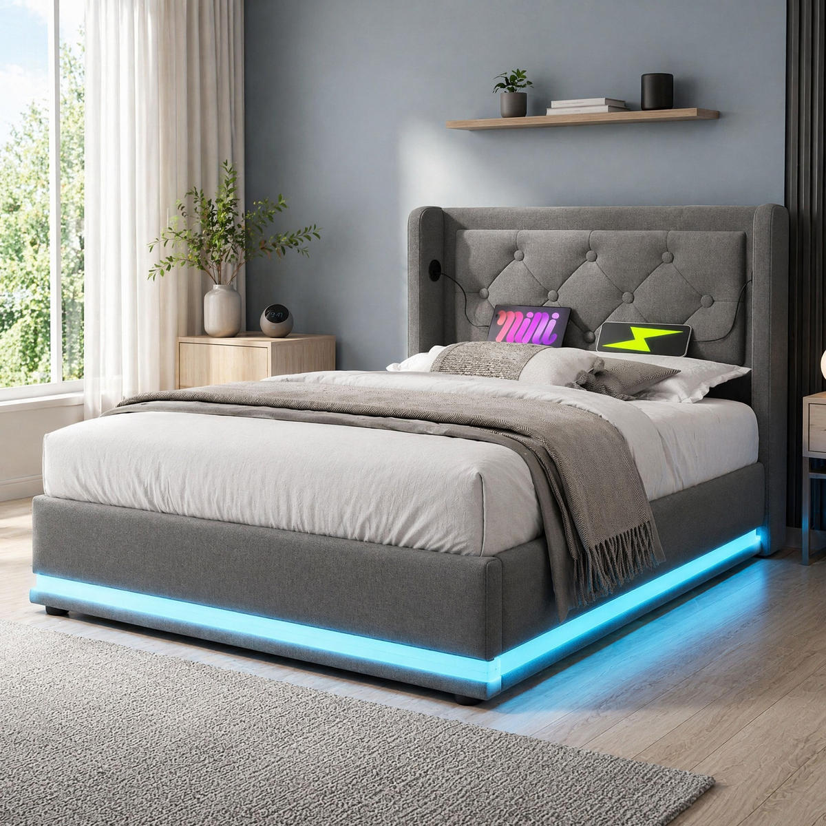 POLSTERBETT 90/200 mit LED, USB Type-C und hydraulischem Stauraum in Grau - Grau, Holzwerkstoff/Textil (90/200cm) - EVRYAE