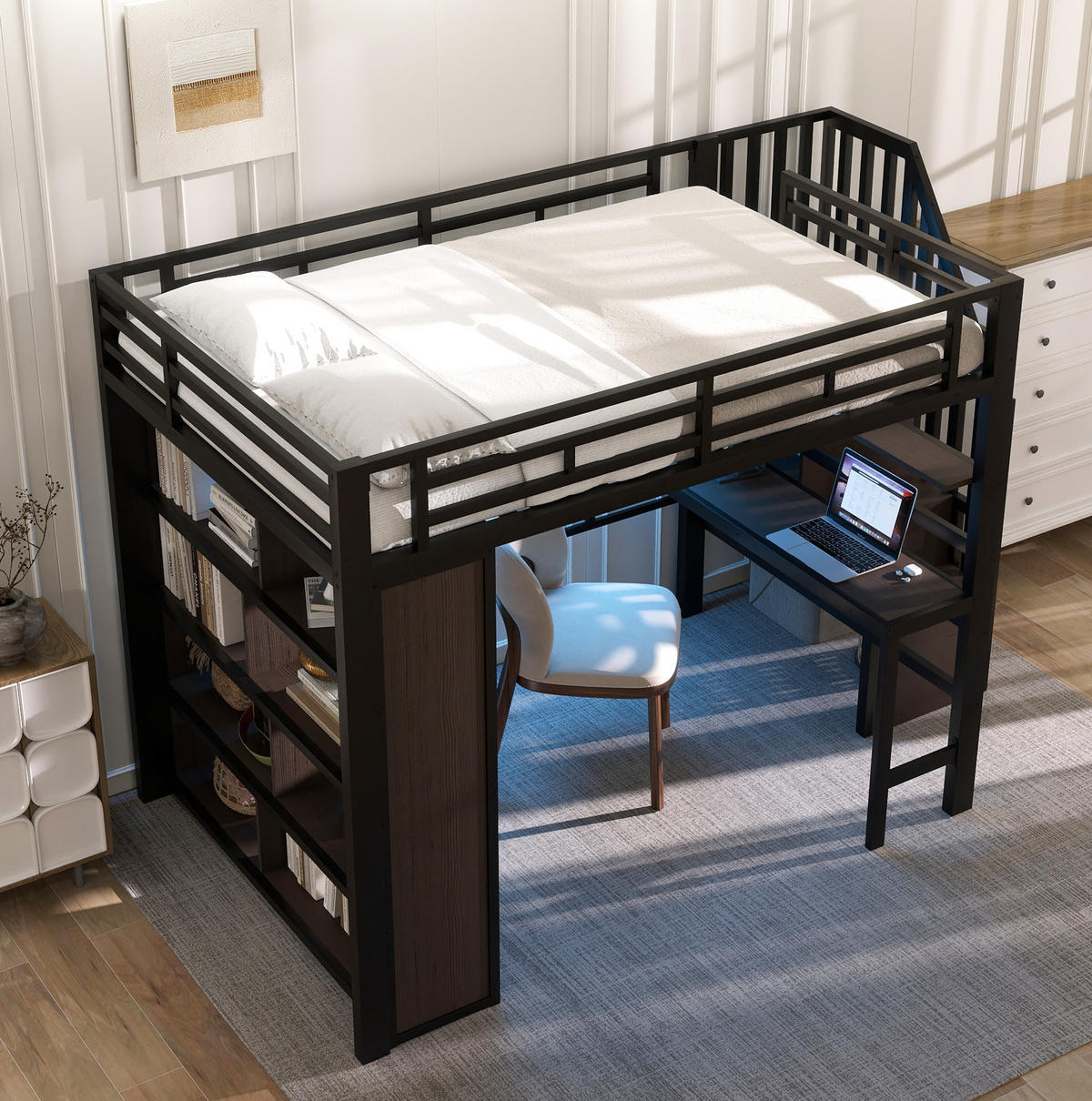 HOCHBETT 140/200 cm Schwarz aus Metall mit Schreibtisch und Stauraum - Schwarz, Metall (140/200cm) - OKMYHOME