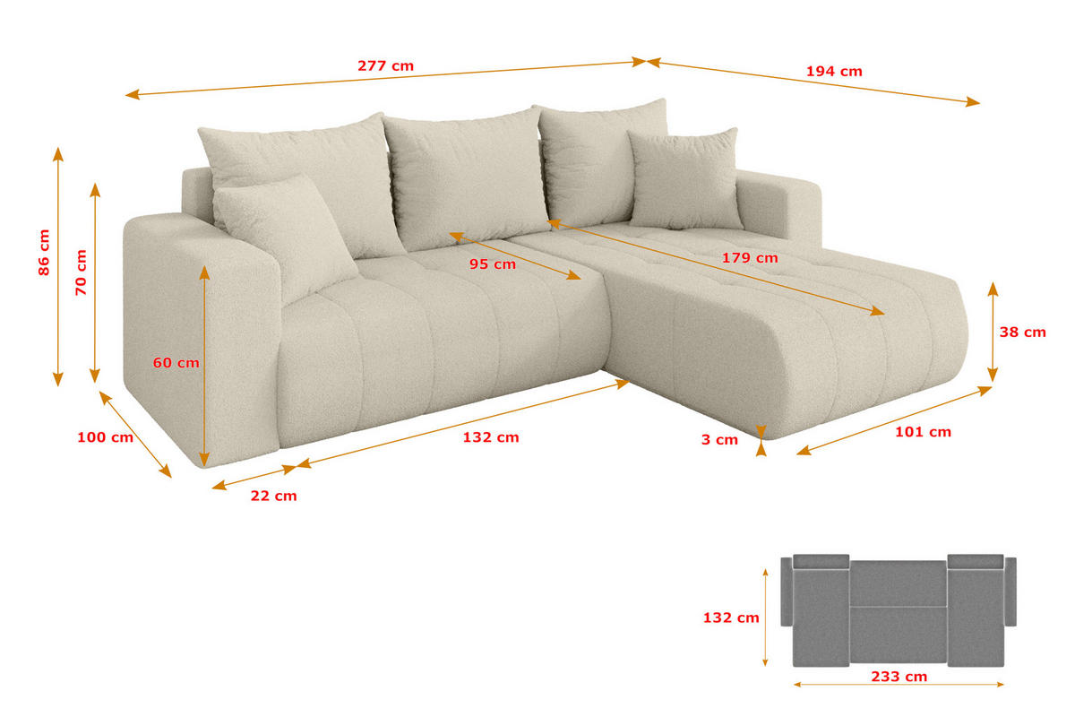 ROHOVÁ SEDAČKA s funkcí spaní, otoman vpravo MILA-L 277x194x86 béžová bouclé - černá/písková barva, kompozitní dřevo/textil (277/194cm) - ALTDECOR