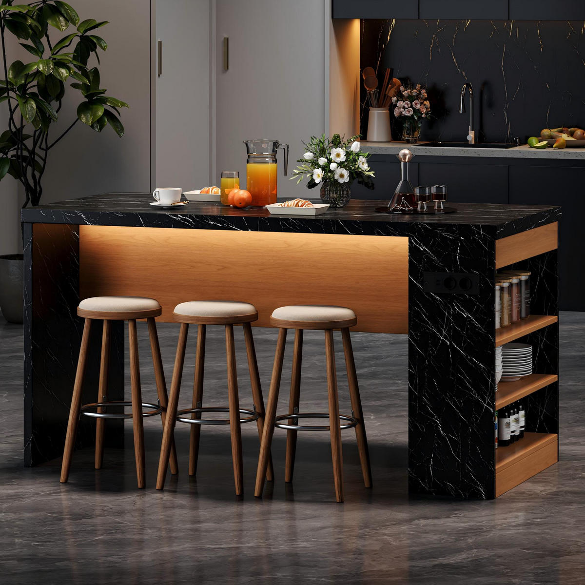 KÜCHENINSEL 90 cm MDF Schwarz Natur mit LED-Beleuchtung und USB-Steckdose - Schwarz, Holzwerkstoff (80/90/155cm) - Korfee