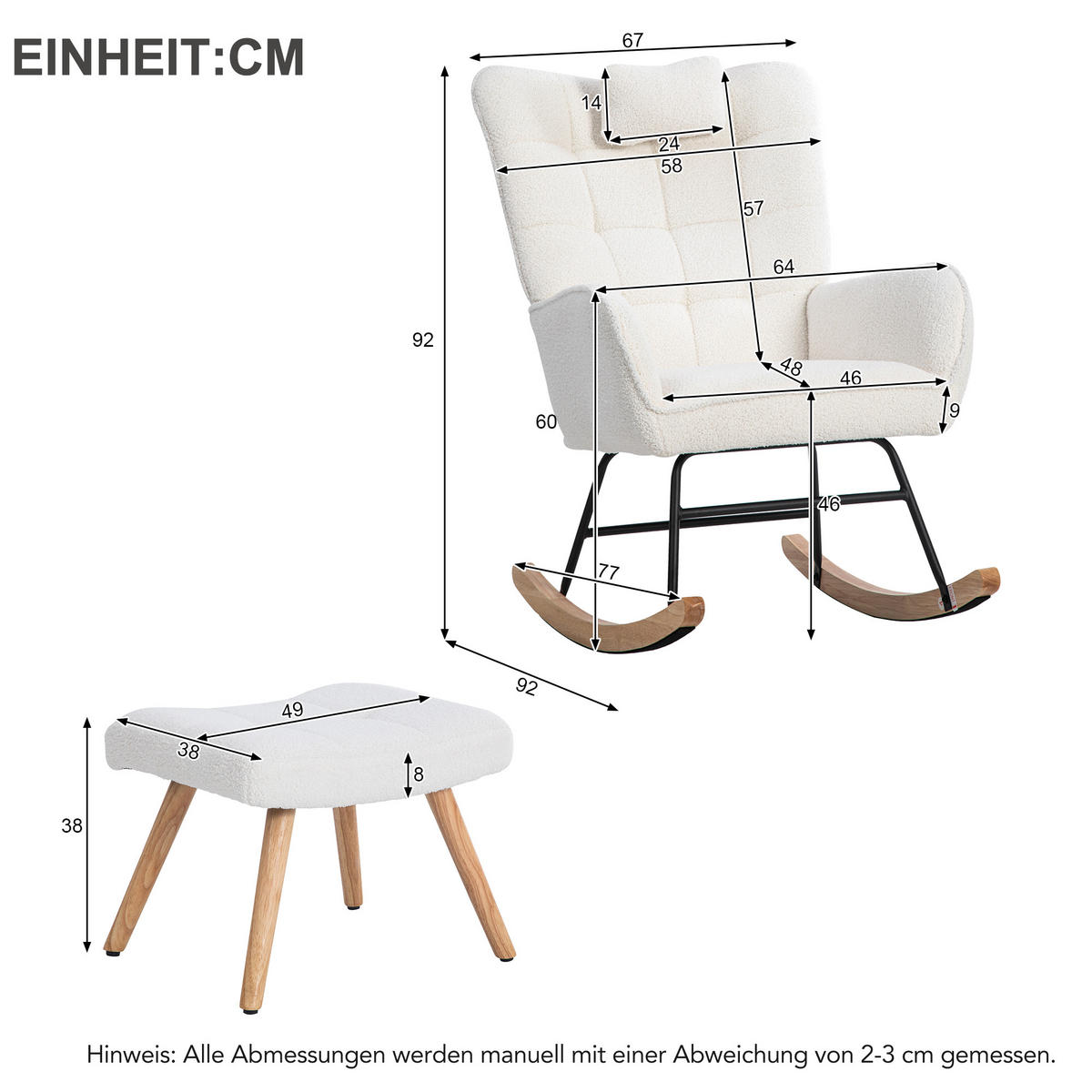 SCHAUKELSTUHL mit Kopfkissen und Fußhocker, Weiß, 92/67 cm, 250 lbs - Weiß, Textil (65/92/93cm) - EVRYAE