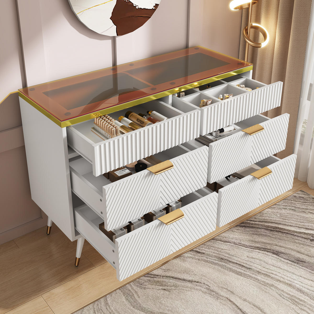 KOMMODE in Weiß Sideboard aus Bernstein Glas mit Schubladen für Wohnzimmer und Schlafzimmer, B120/T40/H76 cm - Weiß, Holzwerkstoff/Metall (120/76/40cm) - STILVORA