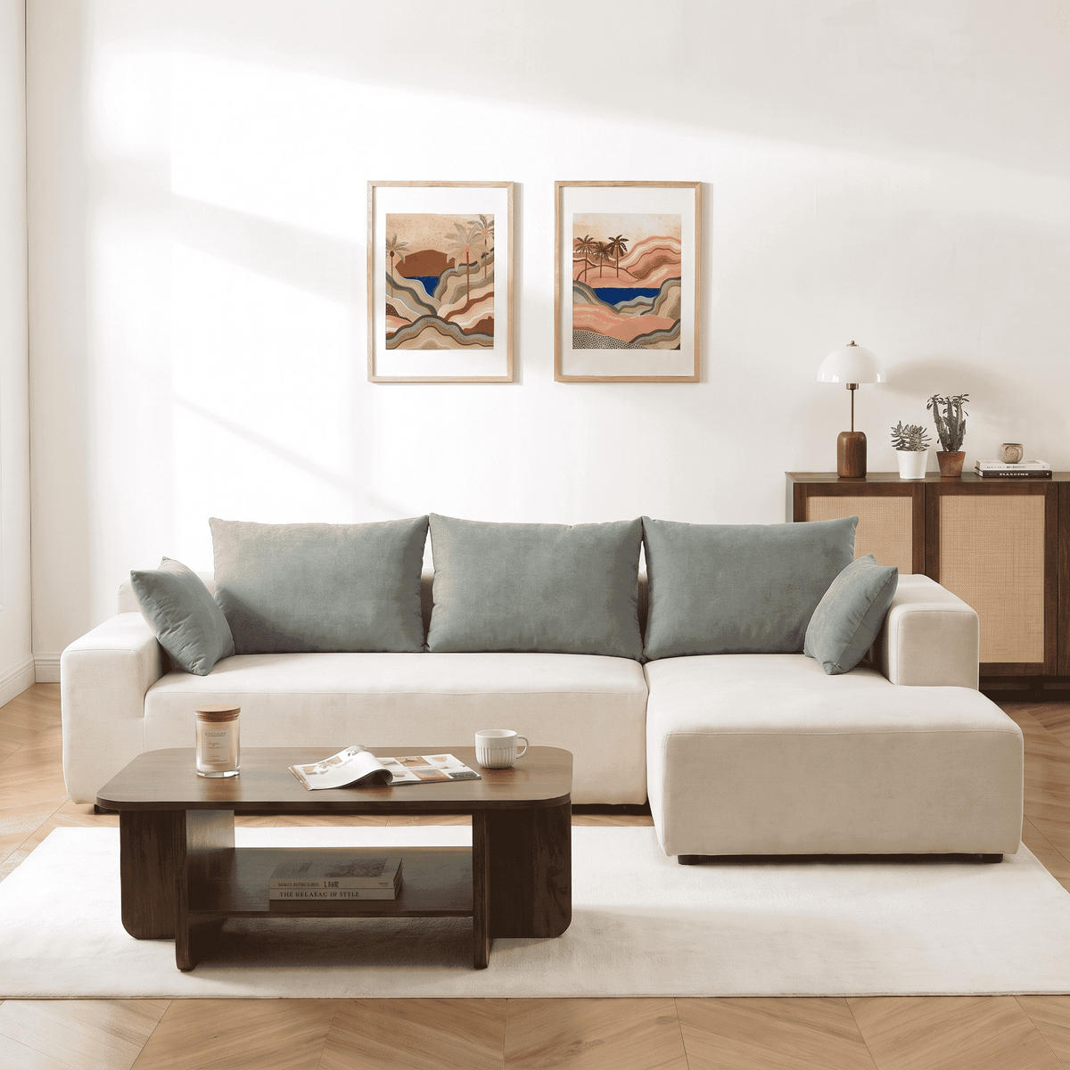 ECKSOFA Luna Weiß Salbei 3-Sitzer Rechts - Weiß, Textil (267/175cm) - COCO Living