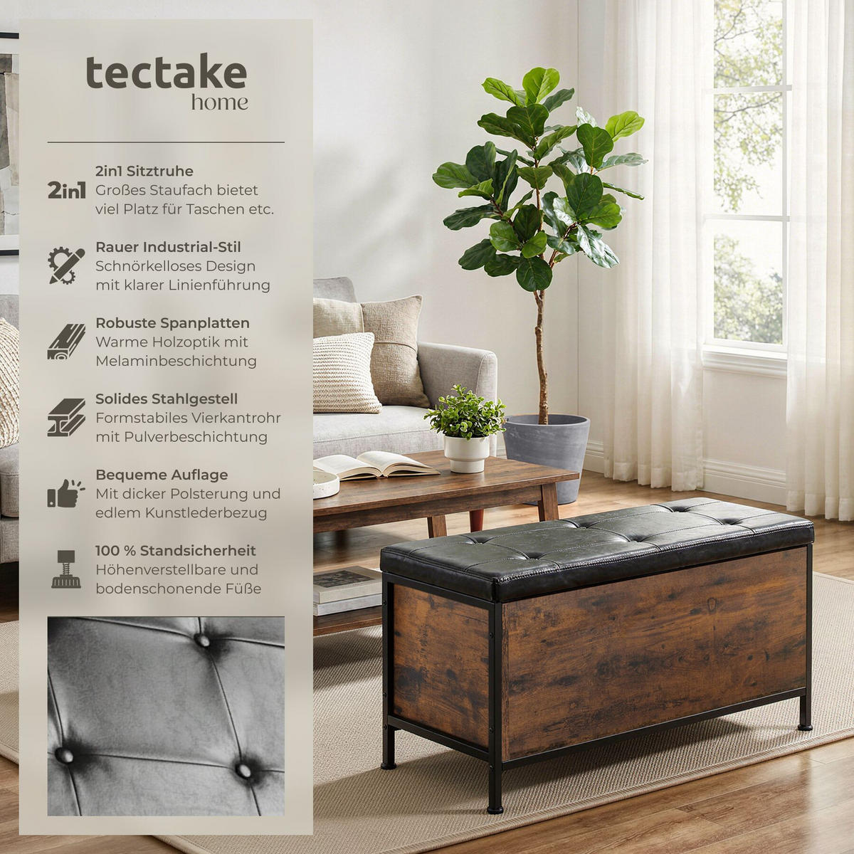 SITZTRUHE Calico, Kunstlederbezug, Industrial Holz dunkel, rustikal - Rostfarben, Holzwerkstoff (41.5/50.5/81.5cm) - tectake