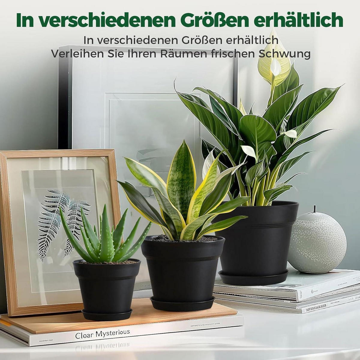 BLUMENTOPF 6er-Set mit Untersetzer Schwarz 19 cm - Schwarz, Kunststoff (19/15.5/19cm)