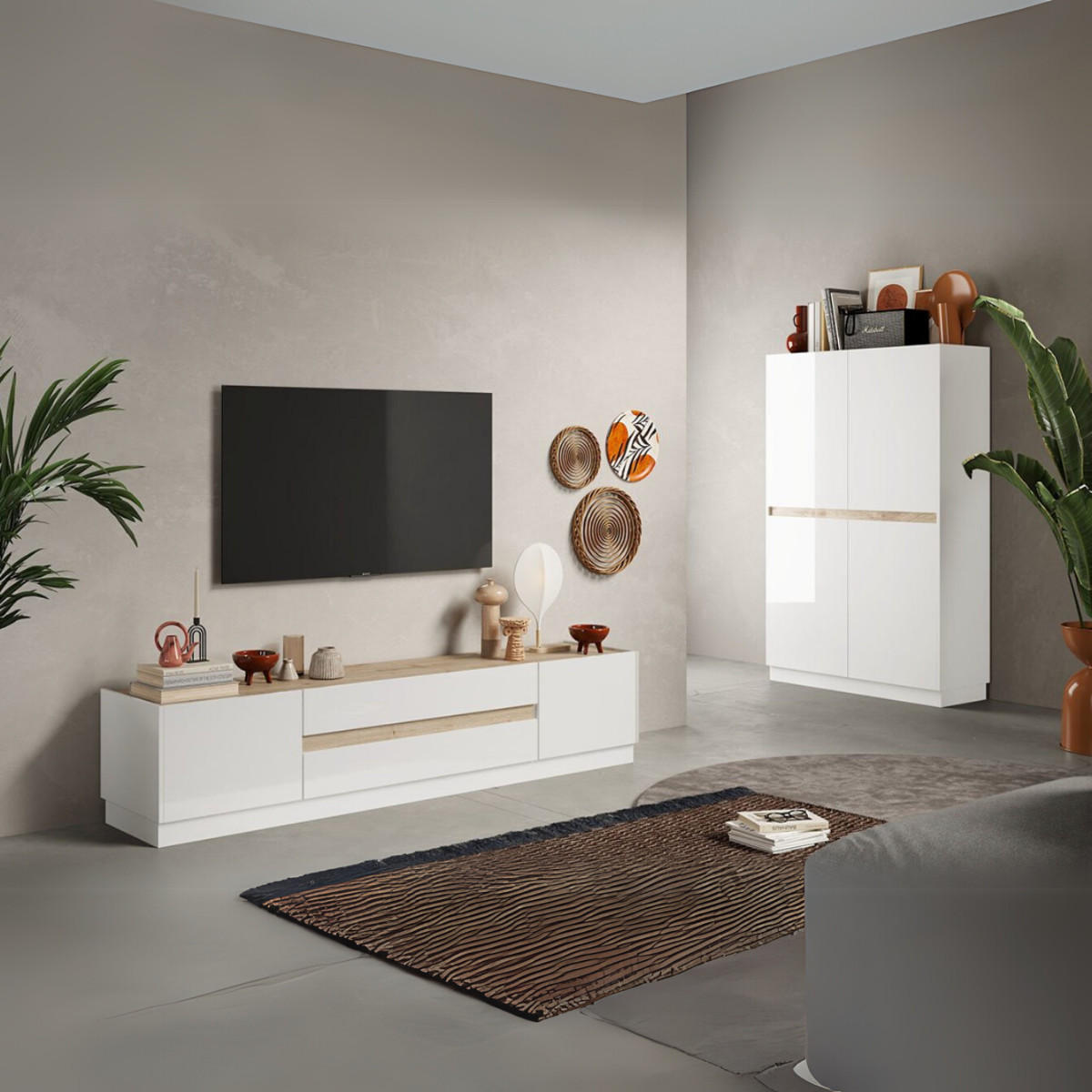 TV-MÖBEL - 2 Türen & 2 Schubladen - Weiß lackiert und Holzfarben - EMORA - Naturfarben, Holz (39.8/43.2/204.7cm) - Vente-Unique