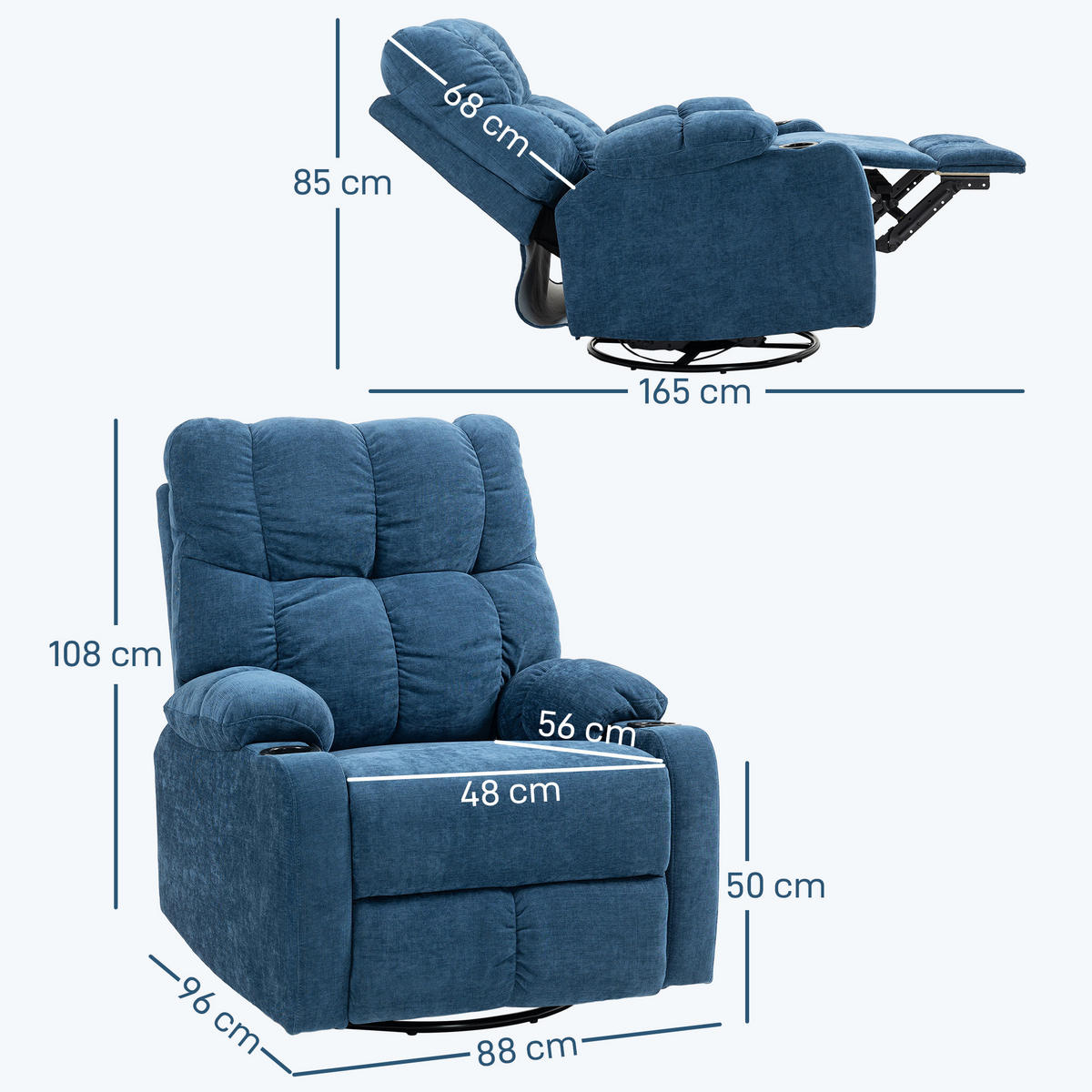 RELAXSESSEL Drehbar Fernsehsessel mit Liegefunktion, Schaukelfunktion Dunkelblau - Blau/Schwarz, Textil/Metall (96/108/88cm) - HOMCOM