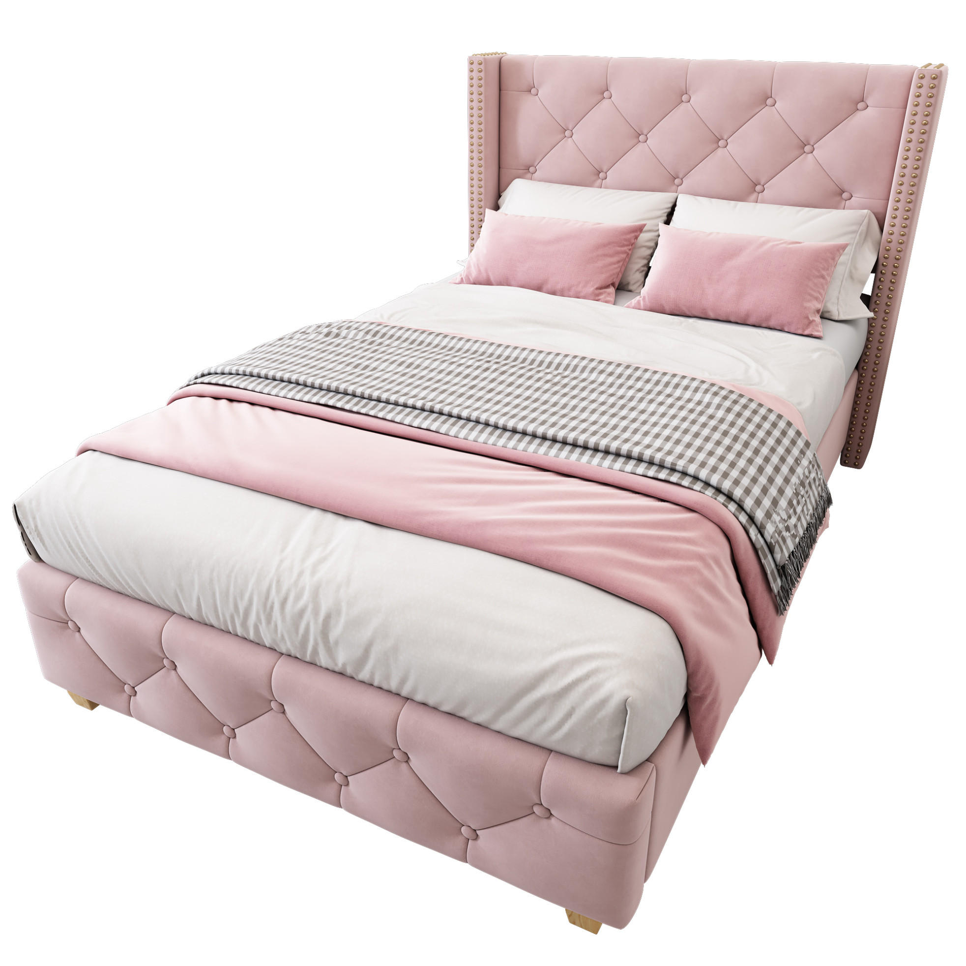 POLSTERBETT 90/200 cm mit Lattenrost, Knopfheftung & Nieten-Details, Rosa - Rosa, Textil (90/200cm) - Redom