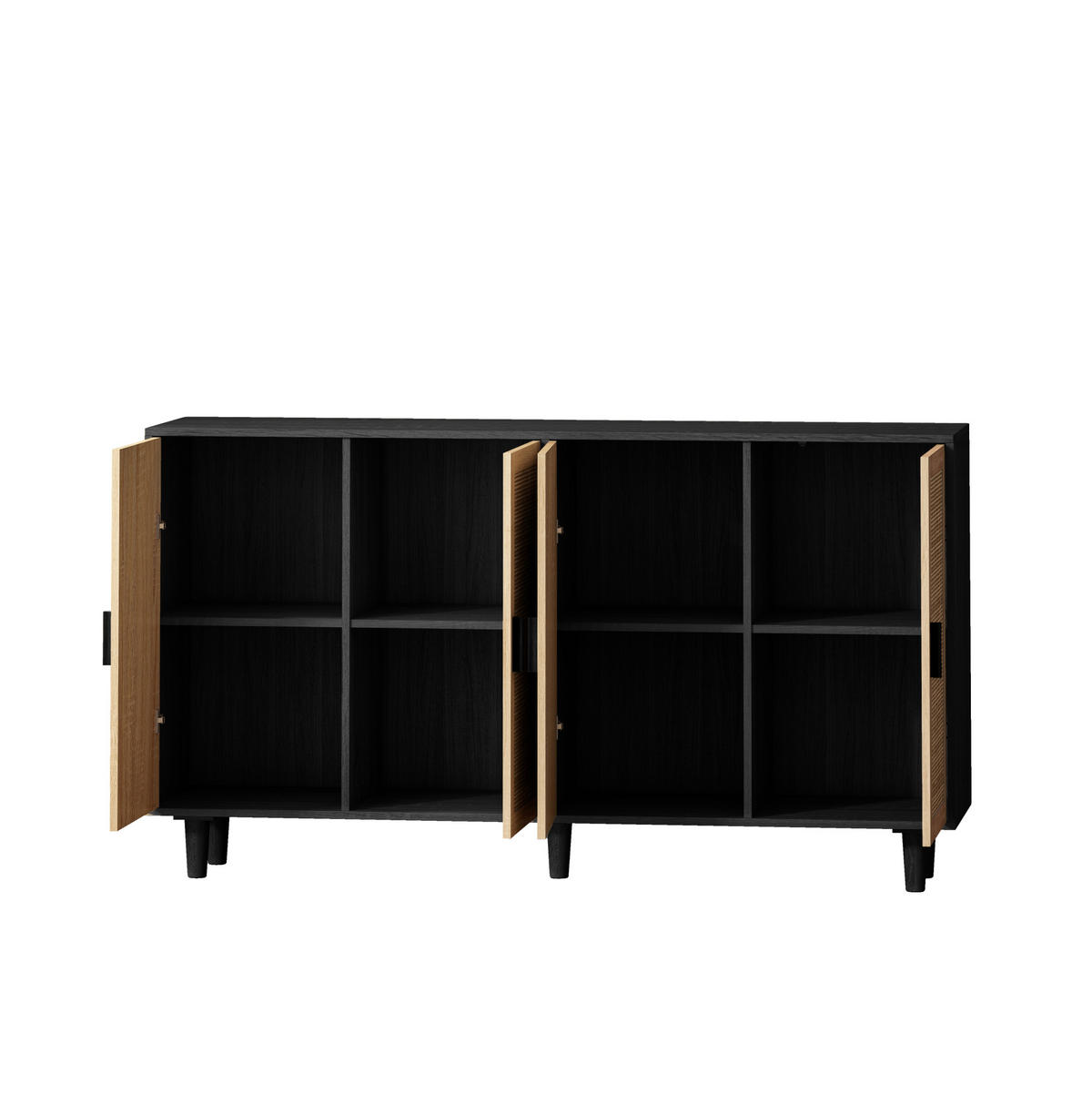 SIDEBOARD aus Spanplatte 158x40x88 cm Schwarz mit 4 Rattantüren und verstellbarem Einlegeboden - Schwarz, Holzwerkstoff (158/88/40cm) - IVMEU
