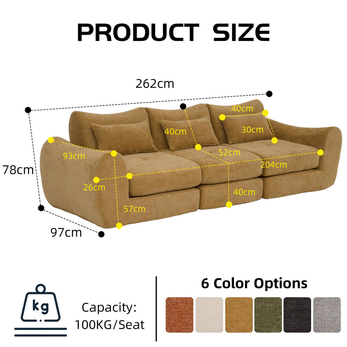 SCHLAFSOFA 3-Sitzer aus Chenille, Weiches Klappsofa ohne Montage, Gelb - Gelb, Textil (262/78/97cm) - Kaket