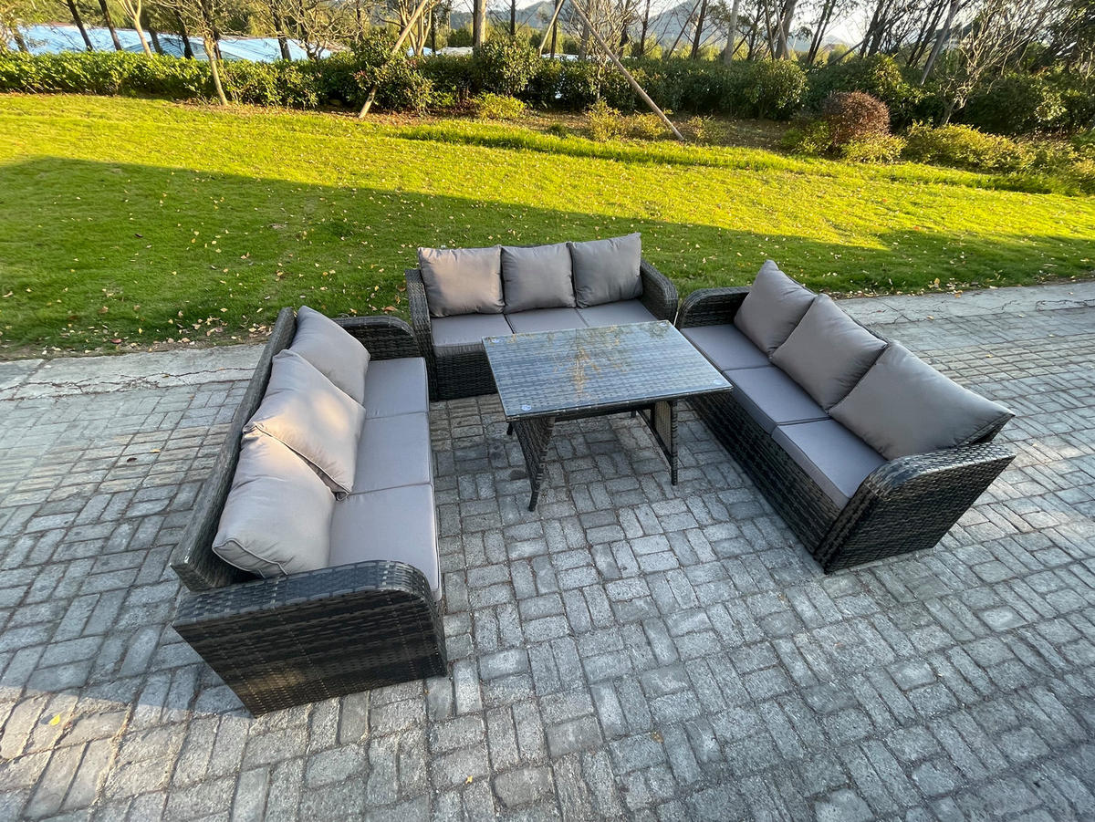 GARTENMÖBELSET mit ESSTISCH, 3-SITZER SOFA Polyrattan 9-Sitzer - Dunkelgrau/Grau, Glas/Kunststoff - Fimous