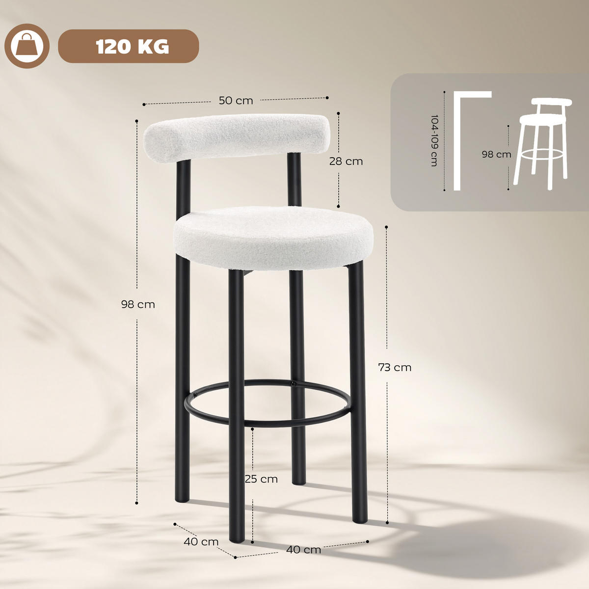 BARHOCKER 2er-Set DE-14818 gepolstert mit Boucle-Bezug Weiß - Weiß, Metall (50/98/52.5cm) - ComfortXL