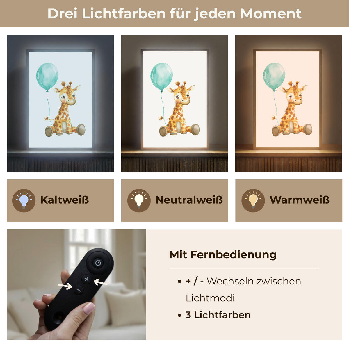 NACHTTISCHLAMPE MIT AKKU Giraffe - Baby - Tiere - Blauer Ballon 40x60 cm - Weiß, Holzwerkstoff (8/40/60cm) - OnlyWow