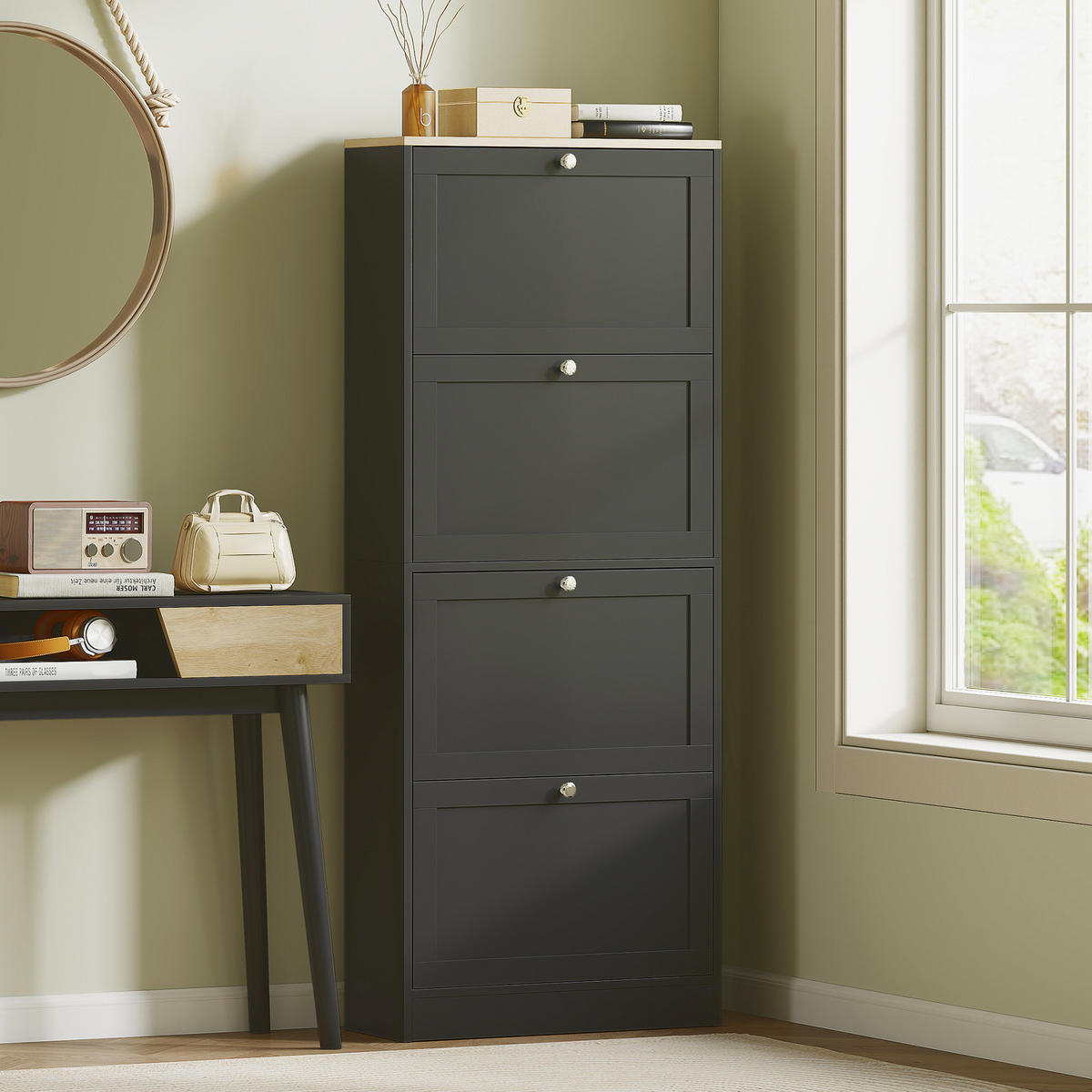 SCHUHSCHRANK Schwarz Holzwerkstoff mit 4 Klappen platzsparend 1 Stück - Schwarz, Holzwerkstoff (60/153.3/23.5cm) - PANGIVO