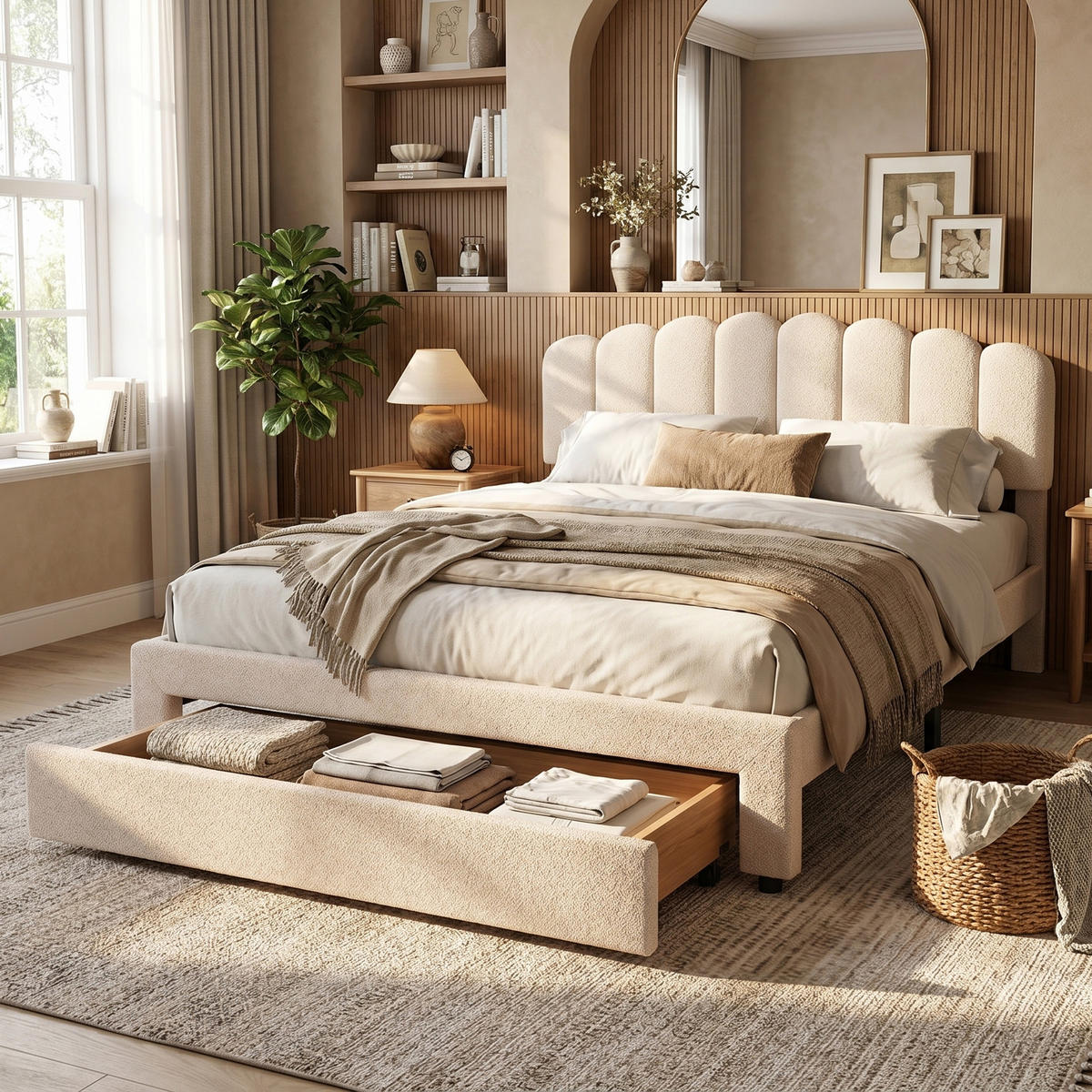 POLSTERBETT Muschel-Design 140/200 cm mit Schubkasten & USB Teddy-Fleece Beige - Beige, Textil (140/200cm) - Creahappy
