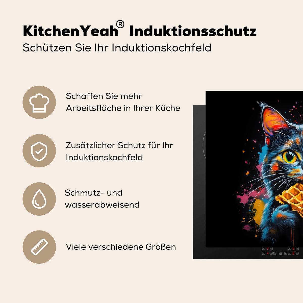 HERDABDECKPLATTE Katze - Graffiti - Bunt - Waffel - Essen Herdabdeckung Induktionsfeld 75x52 cm - Multicolor, Kunststoff (75/52/0.2cm) - MuchoWow